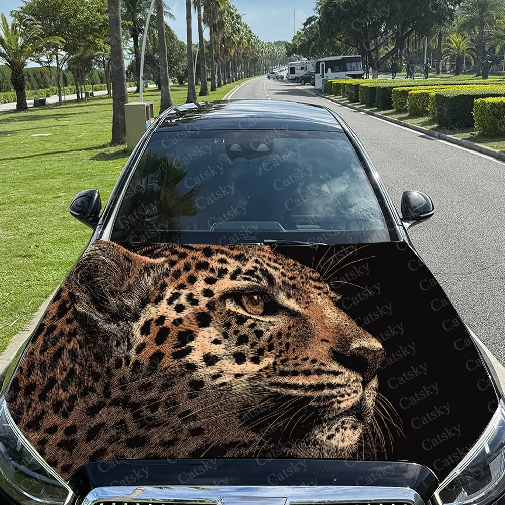 Car Decal Leopard with Brown Textural Artistic Fusion Design, Creating a Mysterious and Vigilant Visual Car Hood Sticker, Waterp