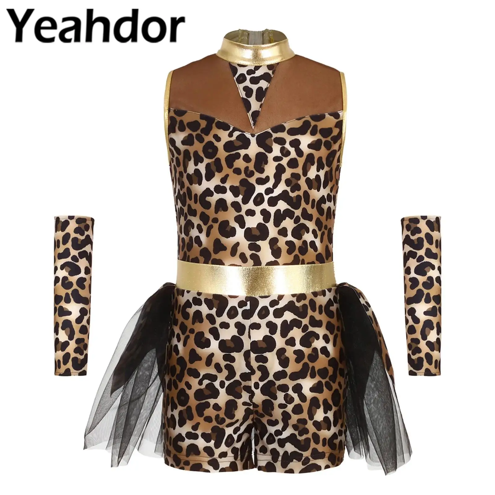 Disfraz de Cavernícola para Niñas, Mono con Estampado de Leopardo, Guantes, Malla y Falda Tutú Metálica, Ropa para Fiestas de Disfraces