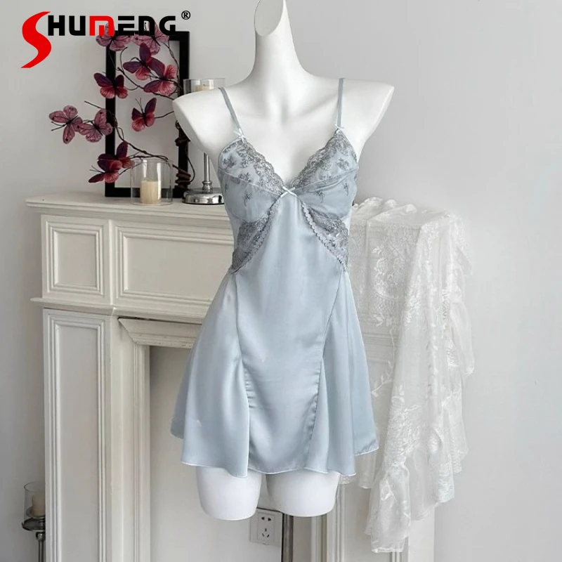 

Solid Color Sexy Robe Sets for Women with Chest Pads Pure Desire Lace Strap Gown Suits Female Ice Silk Underwear Lounge