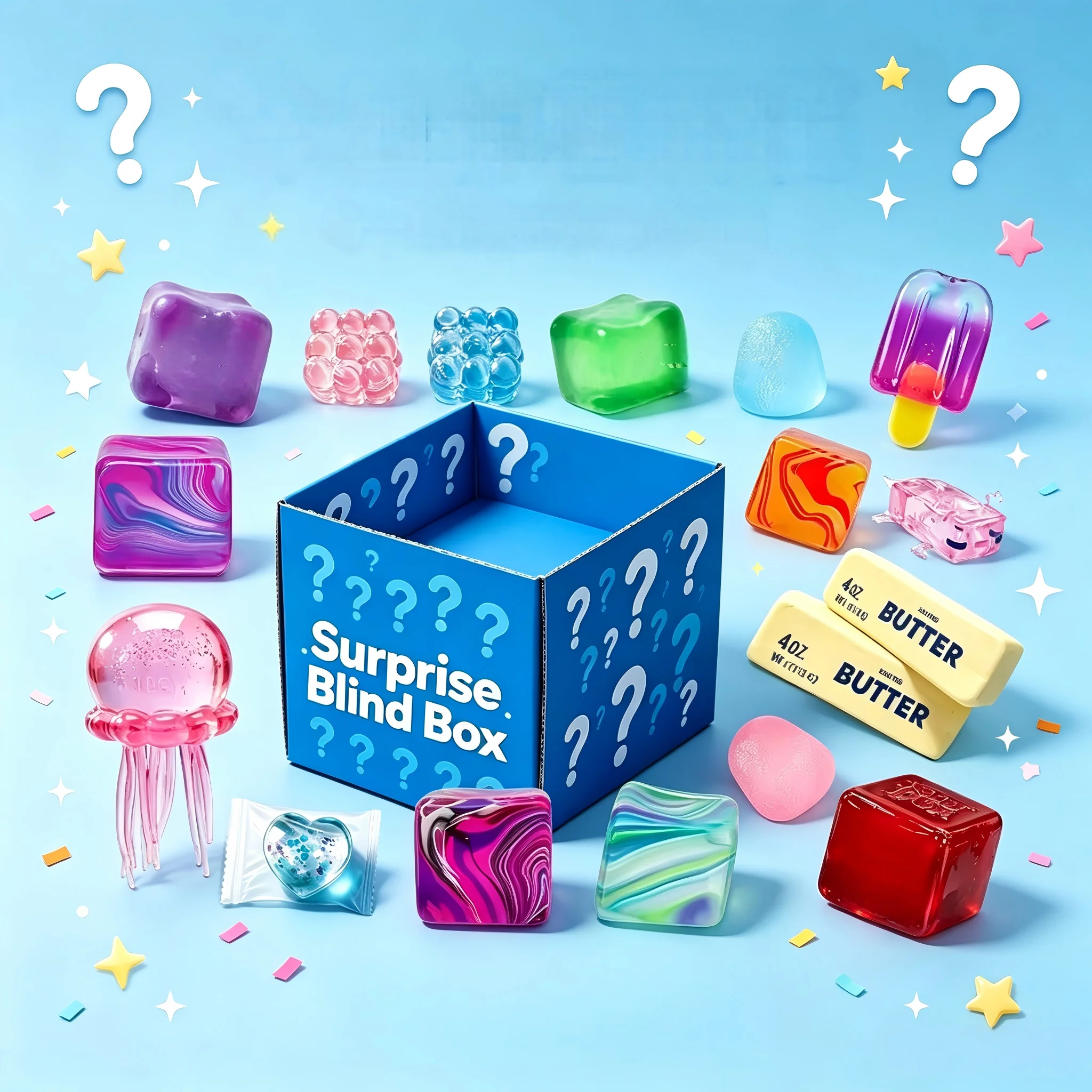 Mystery Box Jelly Squishy Toy Mixed Transparent TPR Squeeze Fidget Toy Random Various Shapes Stress Relief Surprise Toy