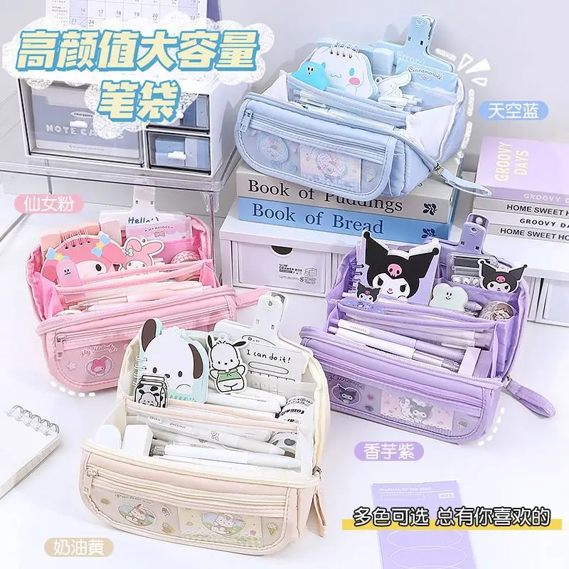 New Sanrio Cartoon Kuromi Cinnamoroll Melody Prism Pencil Bag Large Capacity Storage Stationery Sticker Student School Supplies