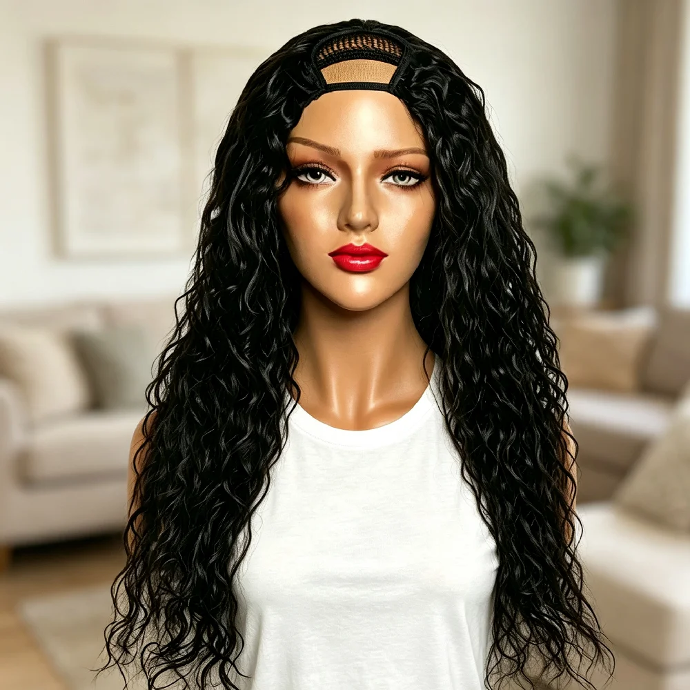 32 Inch Water Wave U Part Human Hair Wig No Leave Out No Sew Wig 250% Density Natural Black Water Wave V Part Human Hair Wig