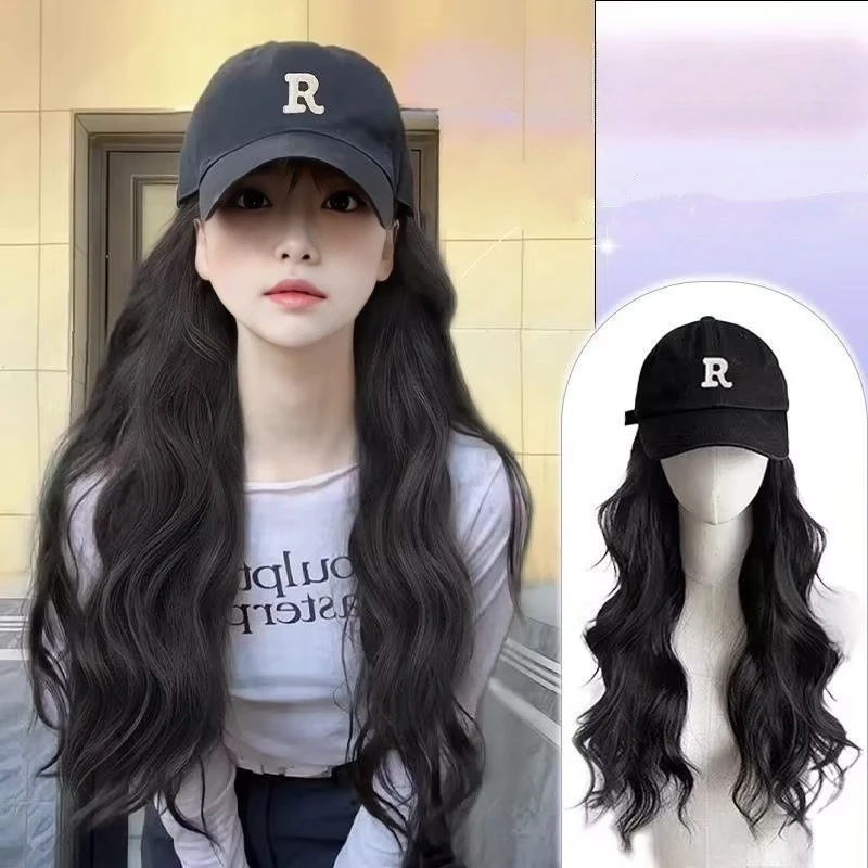 Korean-style Hat Wig for Women, Synthetic Fiber Long Hair Big Wave, Baseball Cap Integrated Full Wig