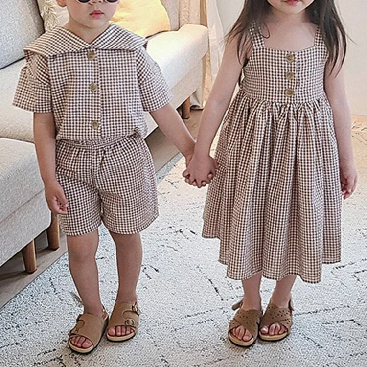 

Summer Children's New College Plaid Girls Suspender Long Dress Boys and Girls Sailor Collar Short Sleeve Shorts Set