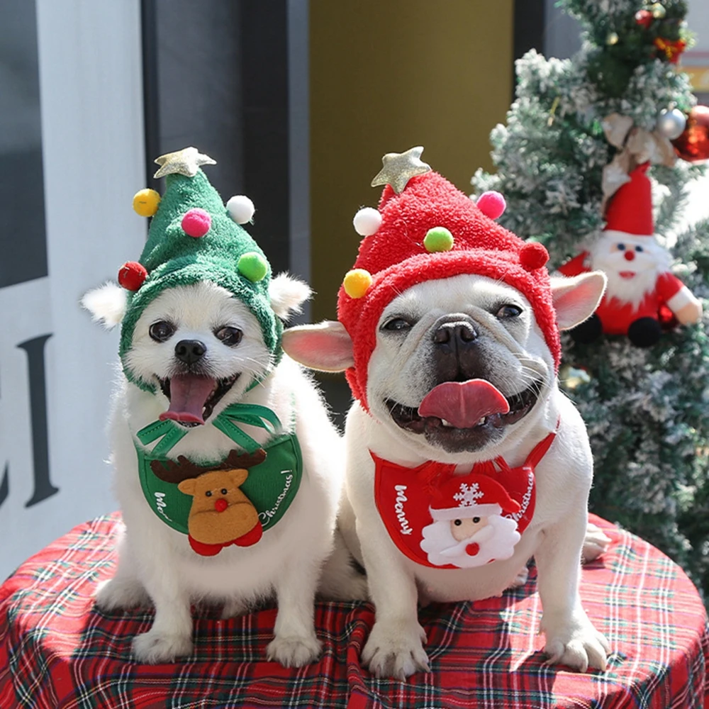 Christmas Puppy Dog Cat Costume Xmas Cat Santa Elk Hat with Bandana Bib Scarf Set Cat Accessories Pet Holiday Dress Up Supplies