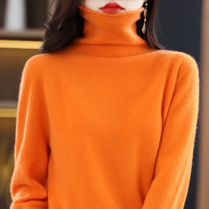 Autumn Winter 100% Merino Wool Cashmere Sweater Women's High Collar Pullover Casual Knit Top Women's Jacket Fashion Korean