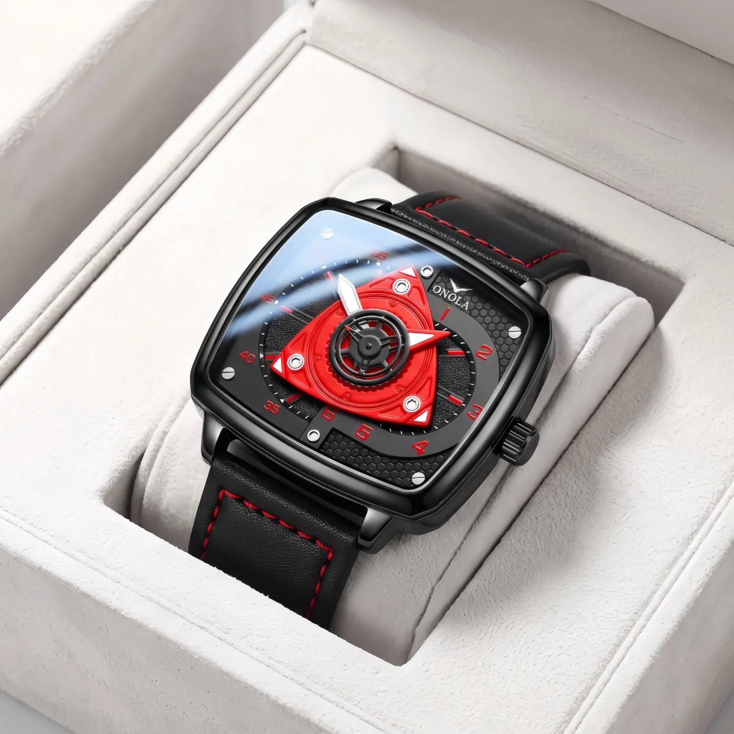 2026 ONOLA brand quartz watch square case triangular hollow dial leather strap red stitching sports waterproof watch