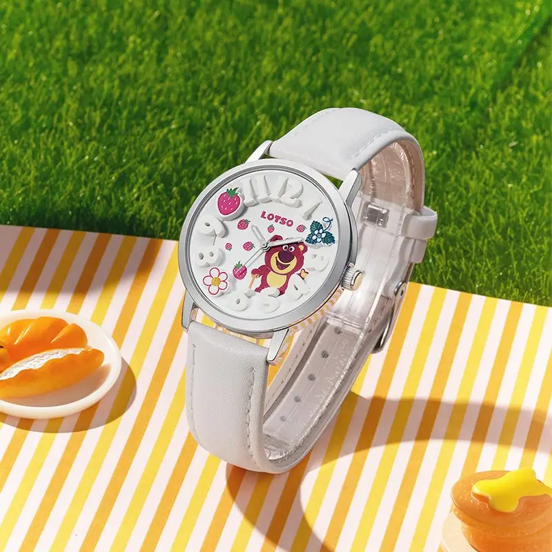 Echte Nieuwe Disney Aardbei Beer Roterende Horloge Meisjes Lichtgevende Elektronische Quartz Horloges