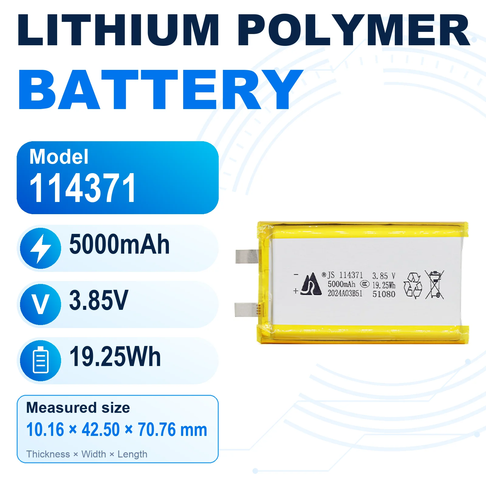 JS 114371 3.85V 5000mAh Rechargeable LiPo Battery Lithium Polymer Pouch Cell with Flat Metal Tabs