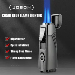 JOBON Triple Blue Flame Cigar Lighter Hidden Cigar Cutter Design Adjustable Flame Size Windproof Ignition Tool