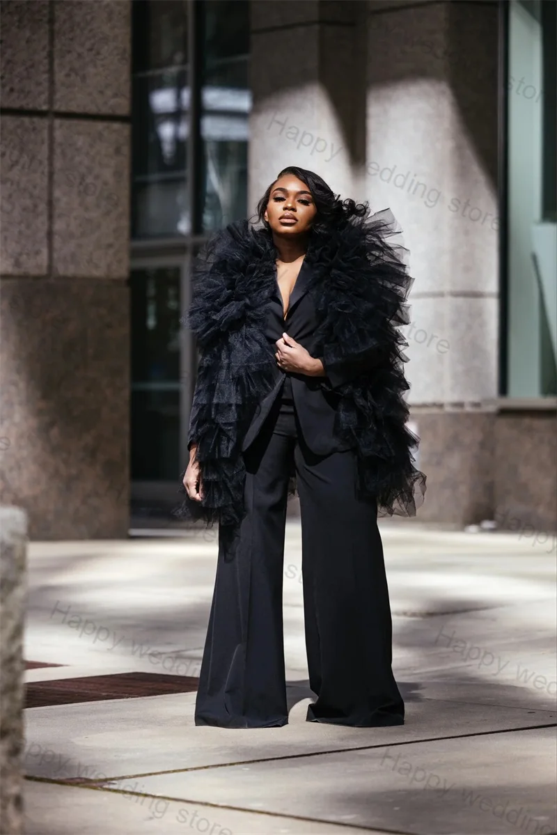 Black Women Pants Suits Set 3 Pieces Tulle Vest+Blazer+Trousers Formal Pageant Wedding Tuxedos Jacket Coat Tailored Party Gown