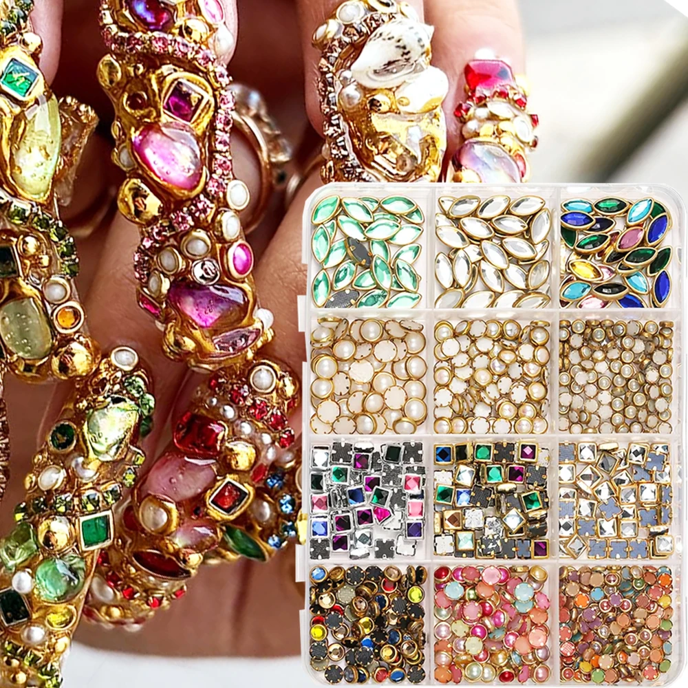 12 Fächer mit verschiedenen Vintage-Strasssteinen für Nagelkunst, luxuriöse Nagelcharms aus Goldlegierung mit bunten Diamanten/Perlen, Nagelzubehör*