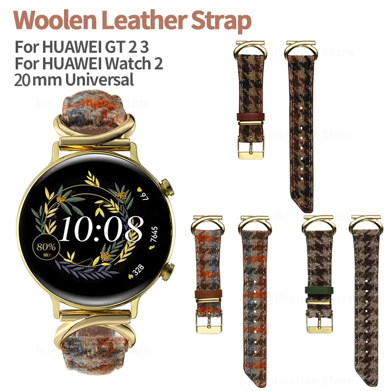 20mm Woolen Leather Strap for Huawei Watch GT3 Pro 43mm GT3 GT2 42mm Women Winter Bracelet for Huawei Fit2 Wristband Accessories