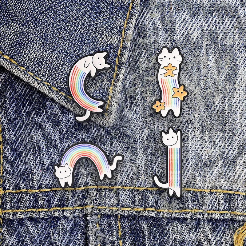 Regenbogenfarbene Katzenförmige Emaille-Abzeichen Niedliche Cartoon-Kätzchen Sternförmige Anstecknadeln Liebliche Bunte Metallbroschen Anstecknadel-Set Geschenk für Kinder – Detail 2