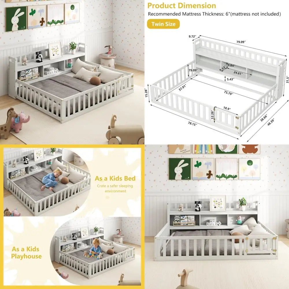 montessori twin floor bed with bookcase and doors, wooden kids playhouse with guardrail