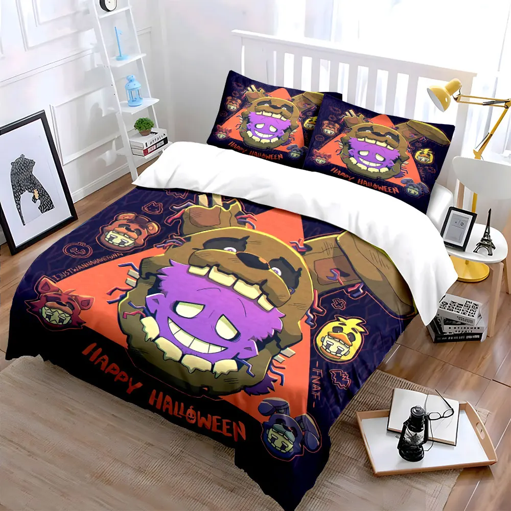 3Pcs Five Nights At Freddy's Halloween Duvet Cover Set, Horror Animatronic Bear Kids Bedding Single Double King Queen, Gift