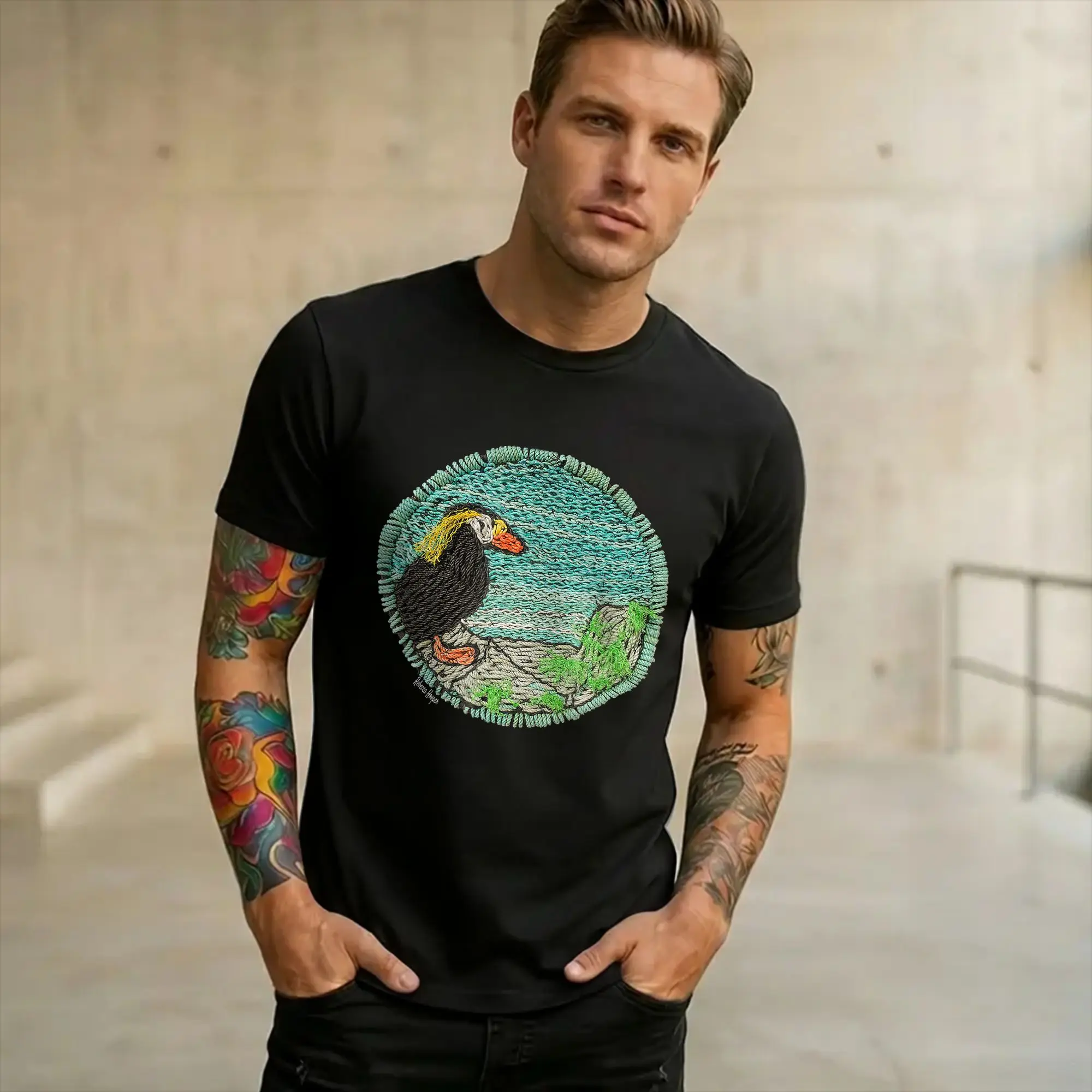 Tufted Puffin Coastal Wildlife Art by Rebecca Hooper  New Arrival T Shirt Men Women  Cotton  Tee Shirt Clothes