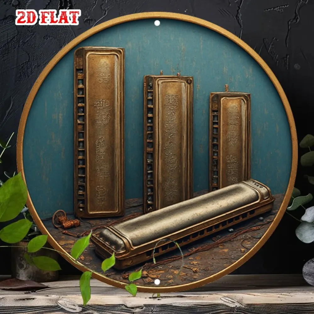 

2D Retro Harmonica Metal Aluminum Foil Sign - 7.8 Inch Round Wall Decor for Music Lovers