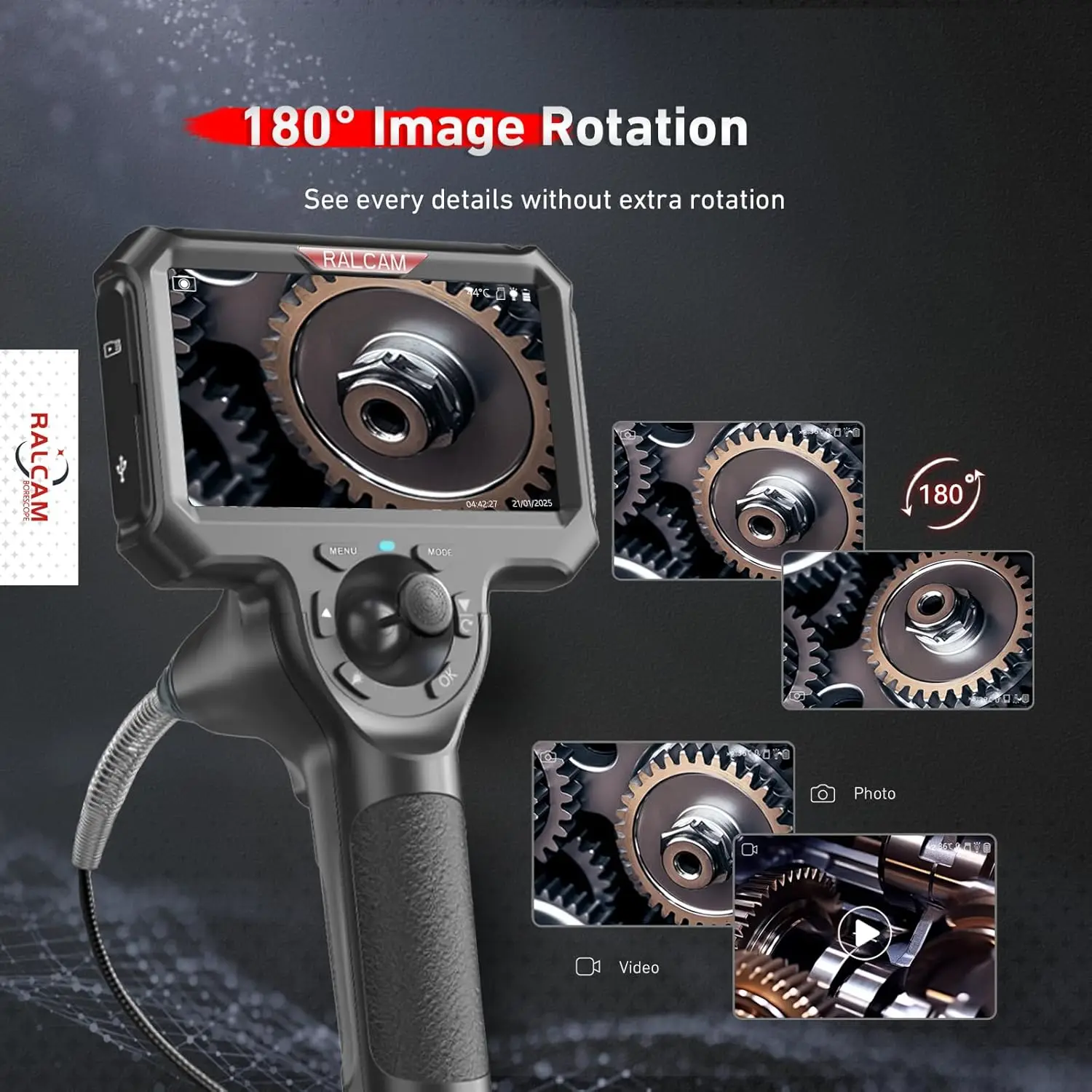 Ralcam 360% Articulating Borescope 6.2mm 4 Ways 5inch IPS Automotive Endoscope Inspection Camera with 6 Adjustable LED Lights