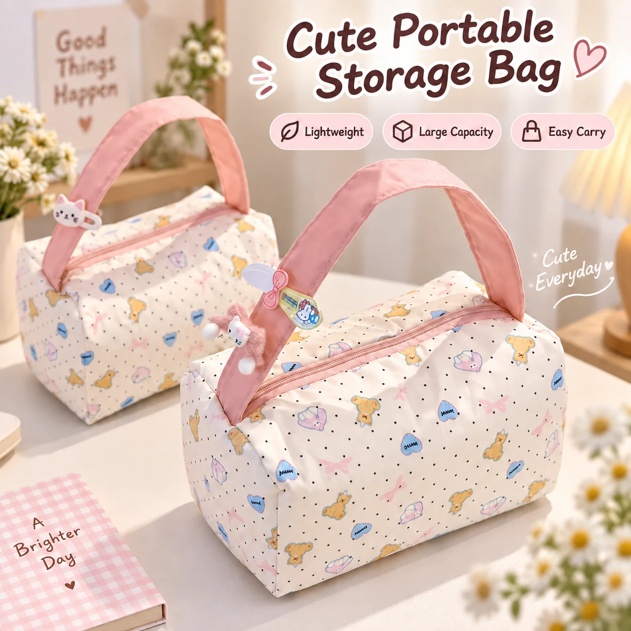 New Ins Cartoon Bear Makeup Bag with A Handle Spacious Structured Portable Convenient Travel Organizer Toiletry Bag for Girls