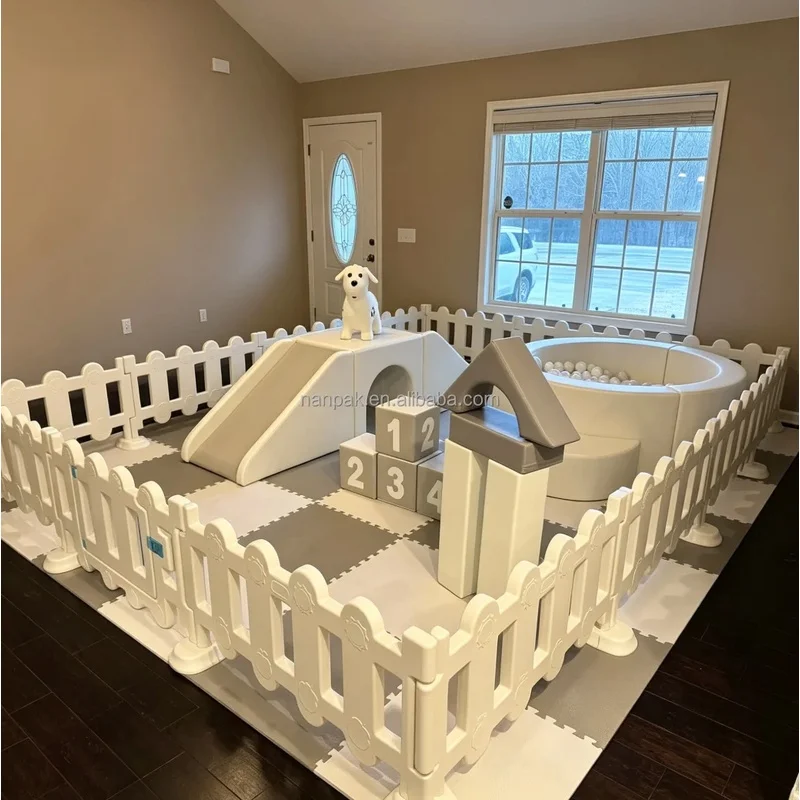 Grey Mix White Toddler Soft Play Package Slide Tunnel Ball Pit Number Blocks Plastic Fence for Kids Indoor Birthday Party Rental