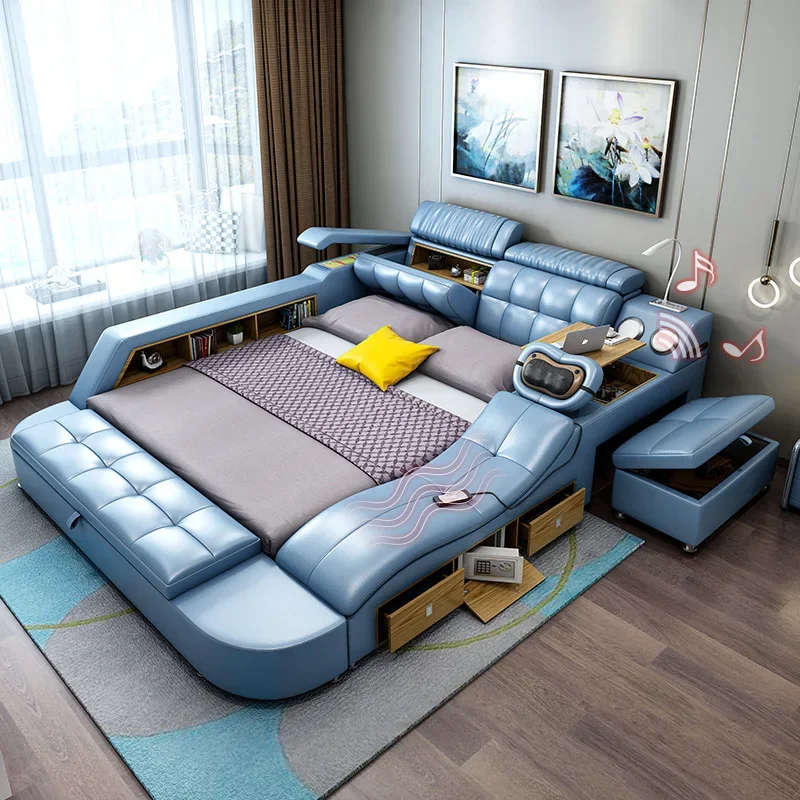 Leather Smart Bed King Size Sofa Multifunctional Queen Bed Bedroom Furniture Double Bed With Massager Lit 2 Places Intelingent