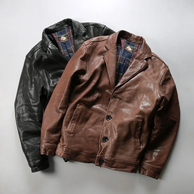 Casual heavy-washed pleated grain leather small suit lapel all-vegetable-tanned
