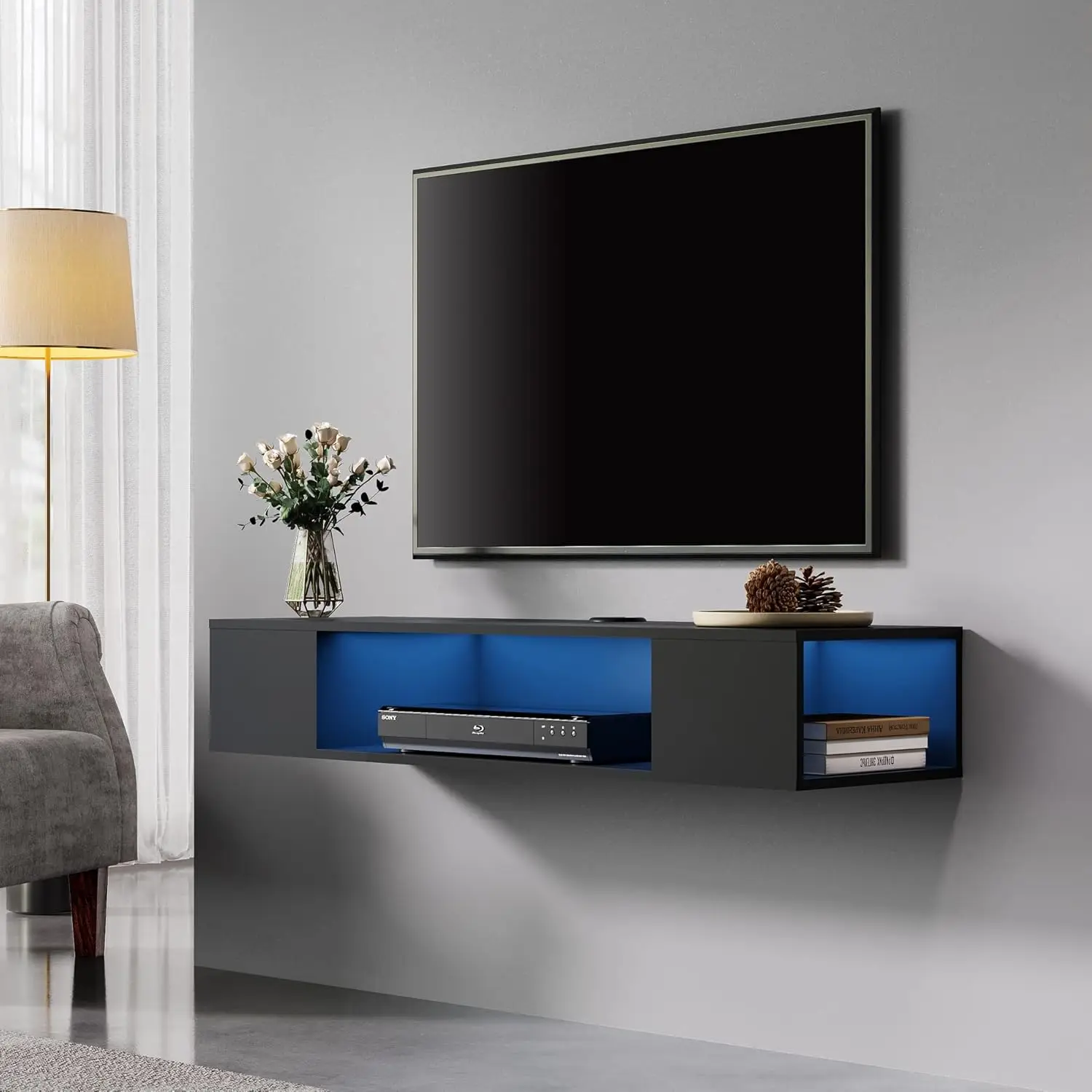 

Floating TV Stand Shelf with Blue LED Lights, Wall Mounted Entertainment Center Media Console Component Under TV, Black