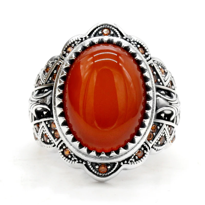 خاتم فضة Türkiye S925 فضة الطبيعية الأحمر العقيق الرجال خاتم البتلة خطوة تصميم قسط مجوهرات ريترو فاخر شريك هدية المرأة