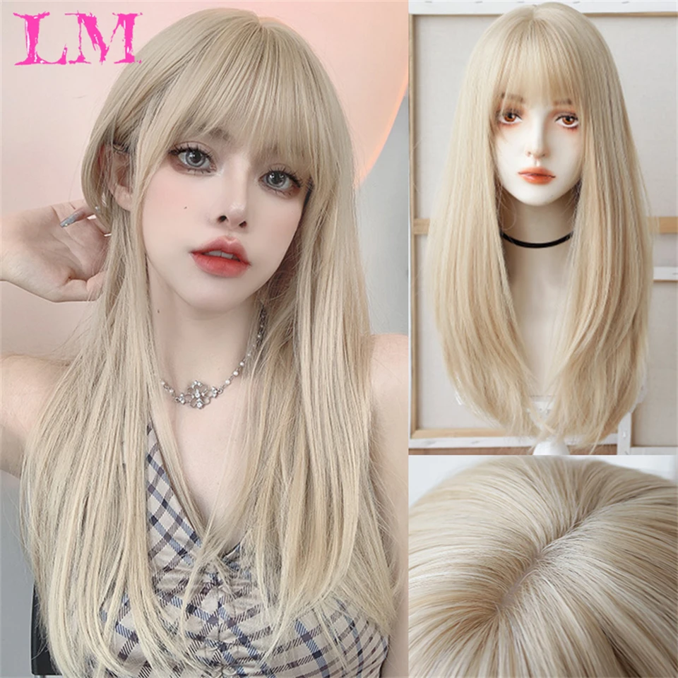 

LM Light Blonde Wave Hair Wig Synthetic Long Wavy Wigs with Bangs for Women Cosplay Natural High Temperature Fiber