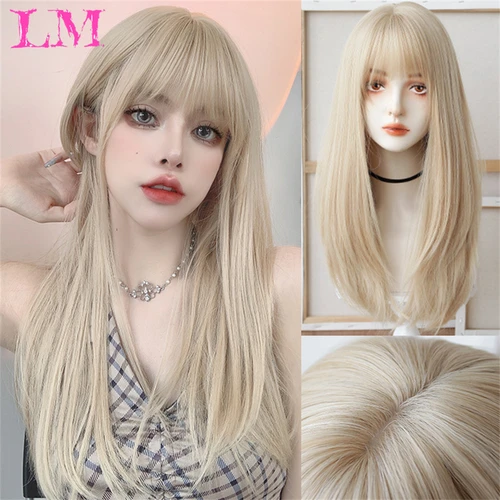 Peluca de pelo ondulado rubio claro LM, pelucas onduladas largas sintéticas con flequillo para mujeres, Cosplay, fibra Natural de alta temperatura