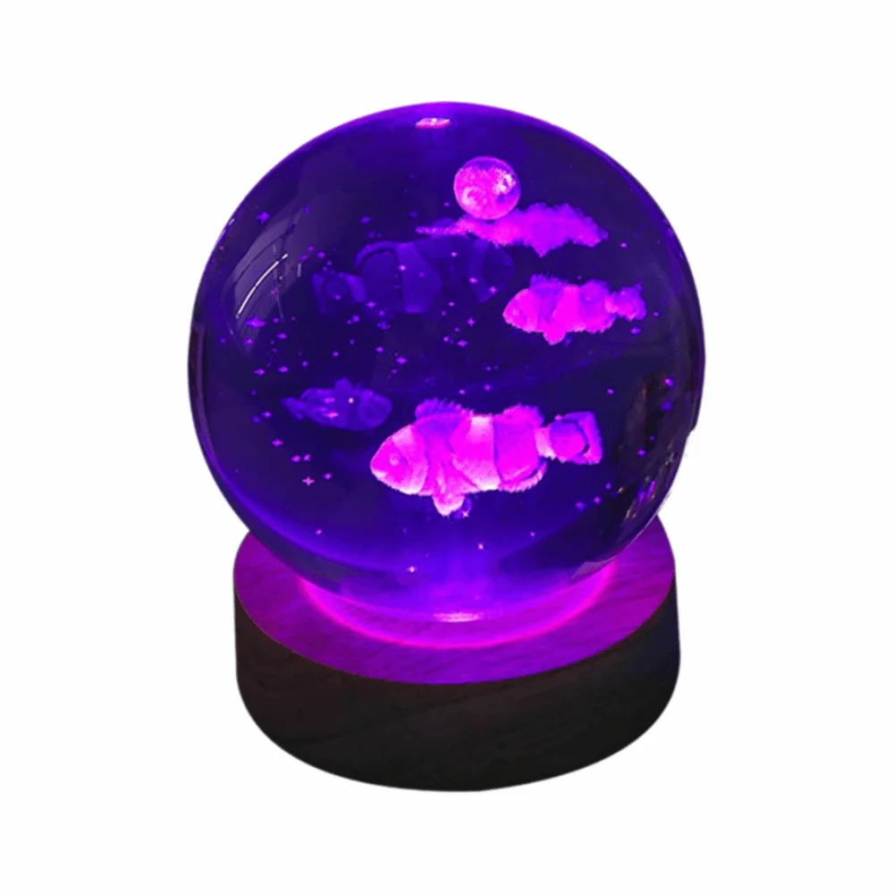 USB Powered Crystal Ball Night Light 2.36in Glass Sphere Colorful Lighting 3D Model Decor with Wooden Base 3D Laser Engraved