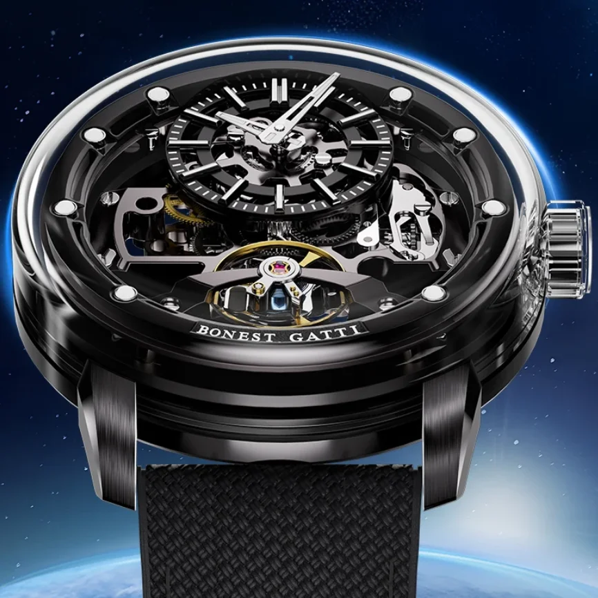 BONEST GATTI Men Automatic Watch 44mm Mechanical Wristwatch Luminous Skeleton Sapphire Mirror Quick Release Strap