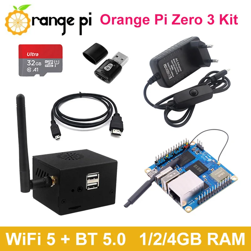 

Стартовый комплект Orange Pi Zero 3, 4 Гб, 2 Гб, 1 ГБ ОЗУ, в алюминиевом корпусе, с антенной, источник питания USB-C, зарядное устройство, видеокабель OPI Zero 3