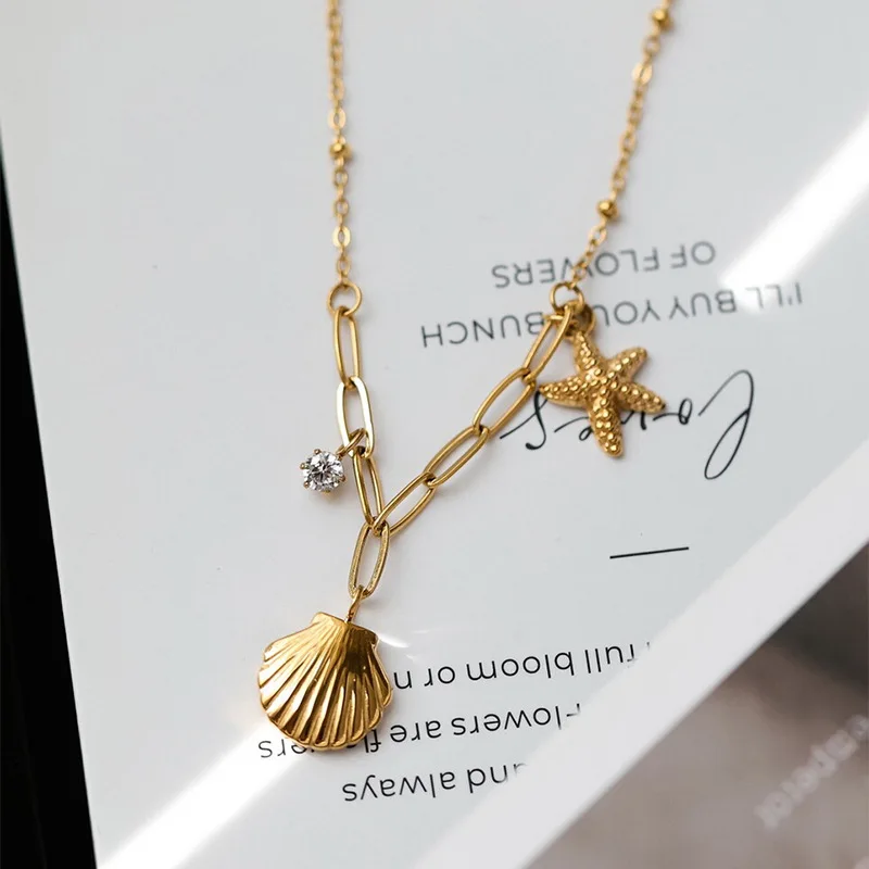 Stainless Steel Sea Star Shell Pendant Necklace For Women Girls Gold Color Luxury Vacation Choker Chain Wedding Jewelry Gifts