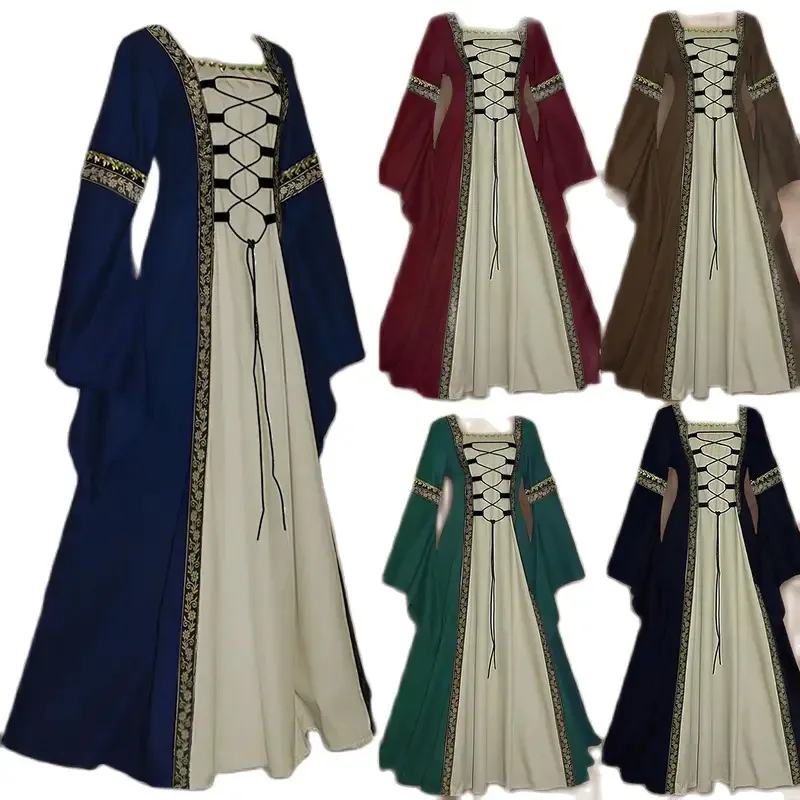 

Women's Renaissance contrasting color dress medieval role-playing costume long sleeved square neck A-line dress Faire costume