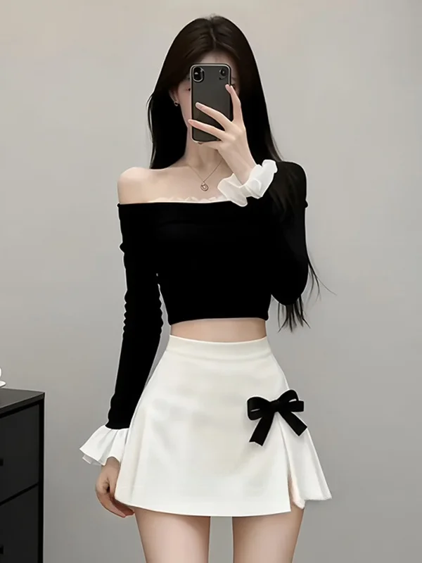 

2025 New High Waist Long Sleeve Women's Fashion Set One Shoulder Short Top And Half Body Skirt Casual Style Color