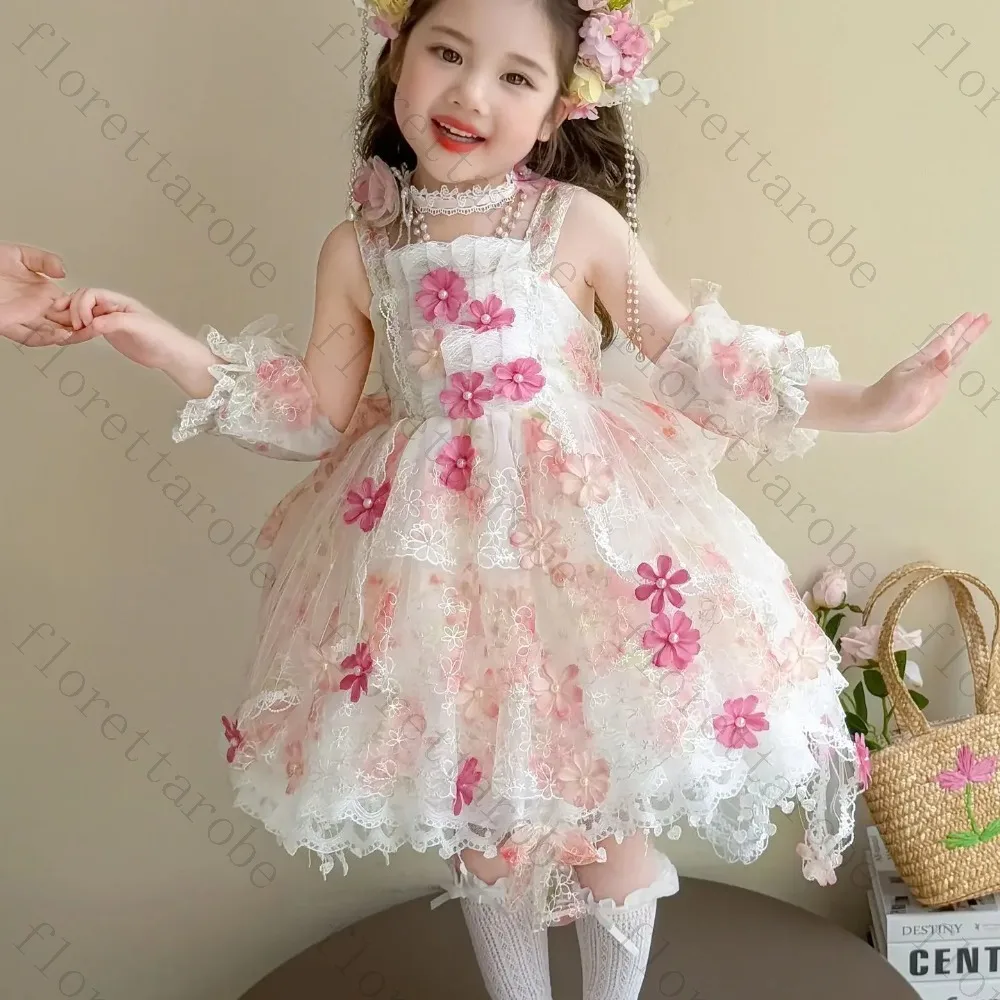 Customized Kids Floral Print Lace Lolita Dress Spaghetti Strap Flower Decor Detachable Ruffle Arm Cuffs Toddler Girls Birthday