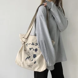 Large Capacity Canvas Shoulder Bag Women Japanese Style Cartoon Anime Print Tote Bags for Female 2024 Fashion Commute Handbags