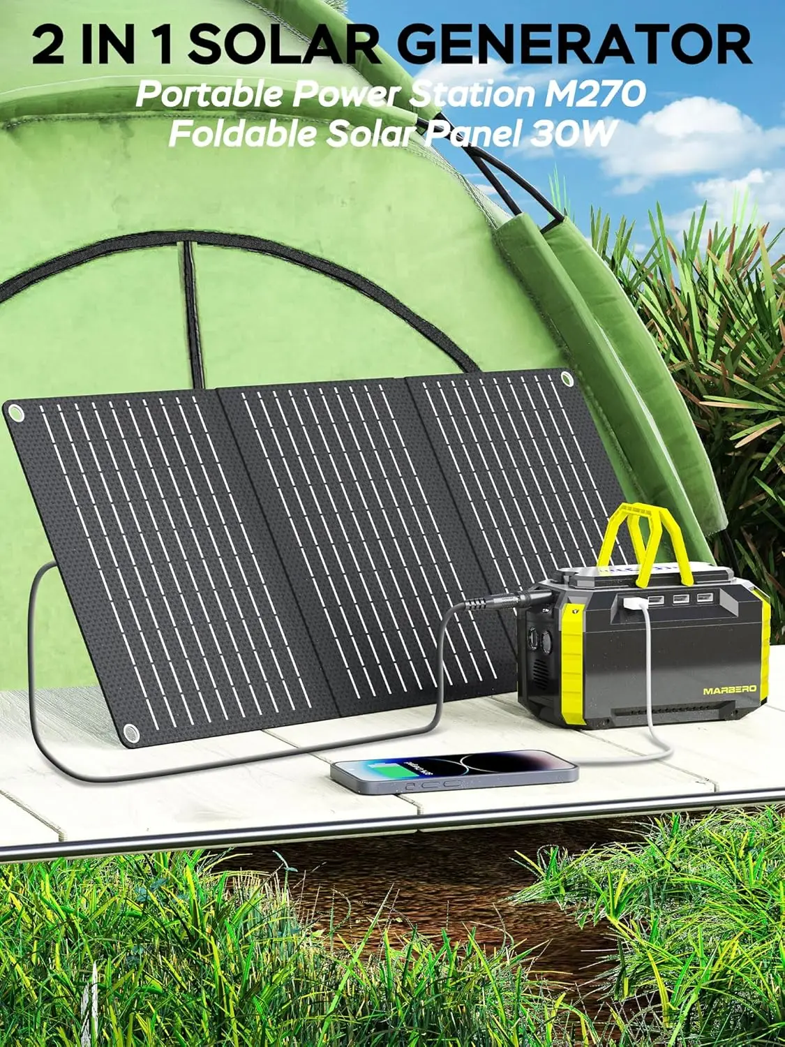 MARBERO Solar Generator 150W Peak Portable Power Station with Solar Panel Included Camping Power Supply 150Wh with Foldable