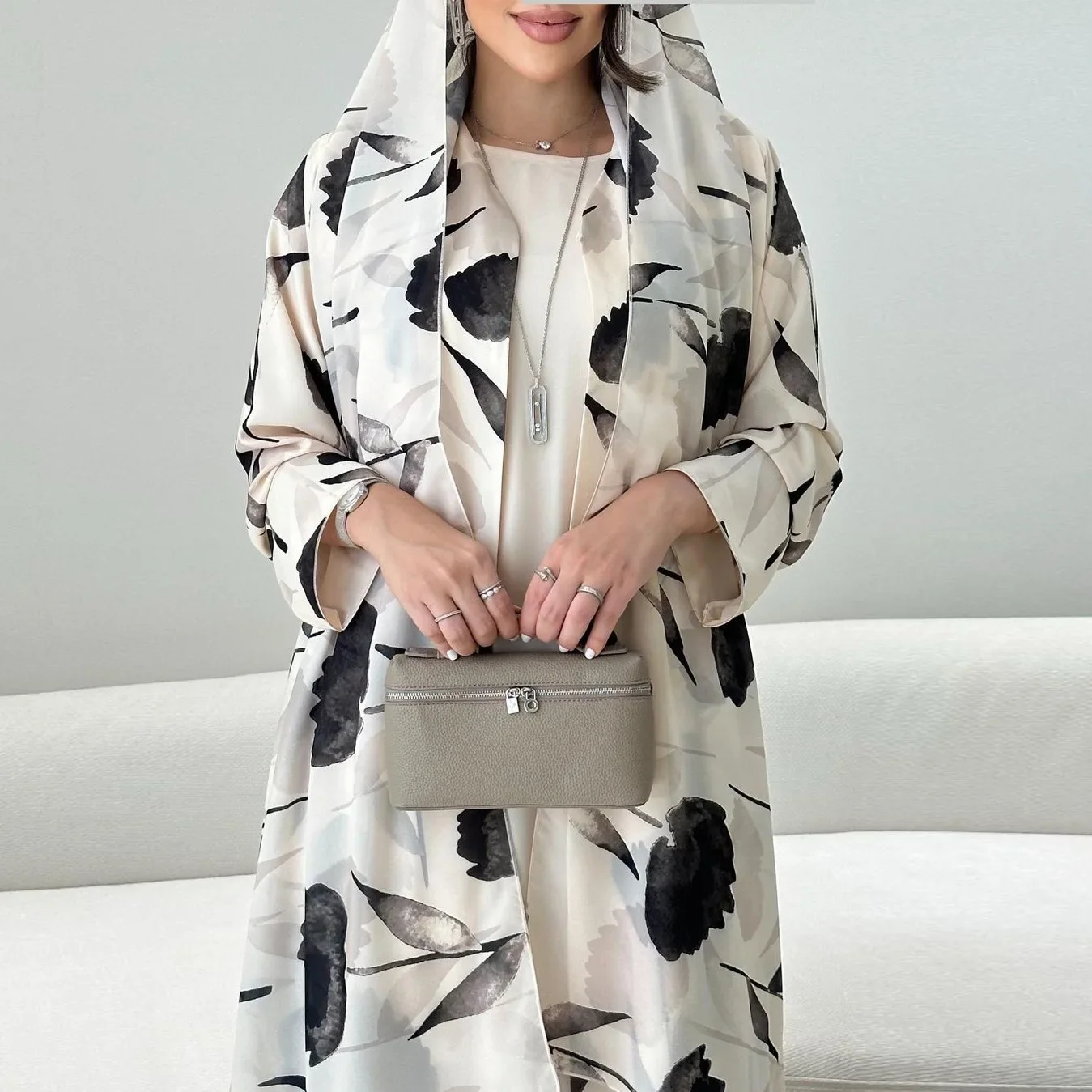 Veste de Robe musulmane Abaya, Cardigan ample pour femmes avec foulard, Cardigan ouvert imprimé à manches longues