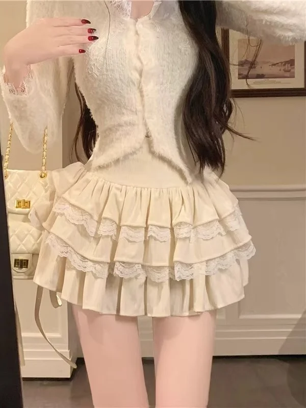 Ballet Style High Waist Lace Patchwork Anti-Aging  Skirt Women's Autumn New Slimming Fluffy Short Skirt Versatile A-Line ...