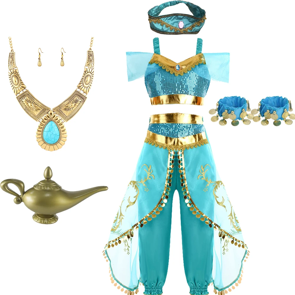 Blaues Arabisches Prinzessinnen-Kostümset mit Halskette, Ohrringen und Kopfschmuck für Halloween, Weihnachten, Karneval, Party, als Kostüm oder Geschenk – Detail 11