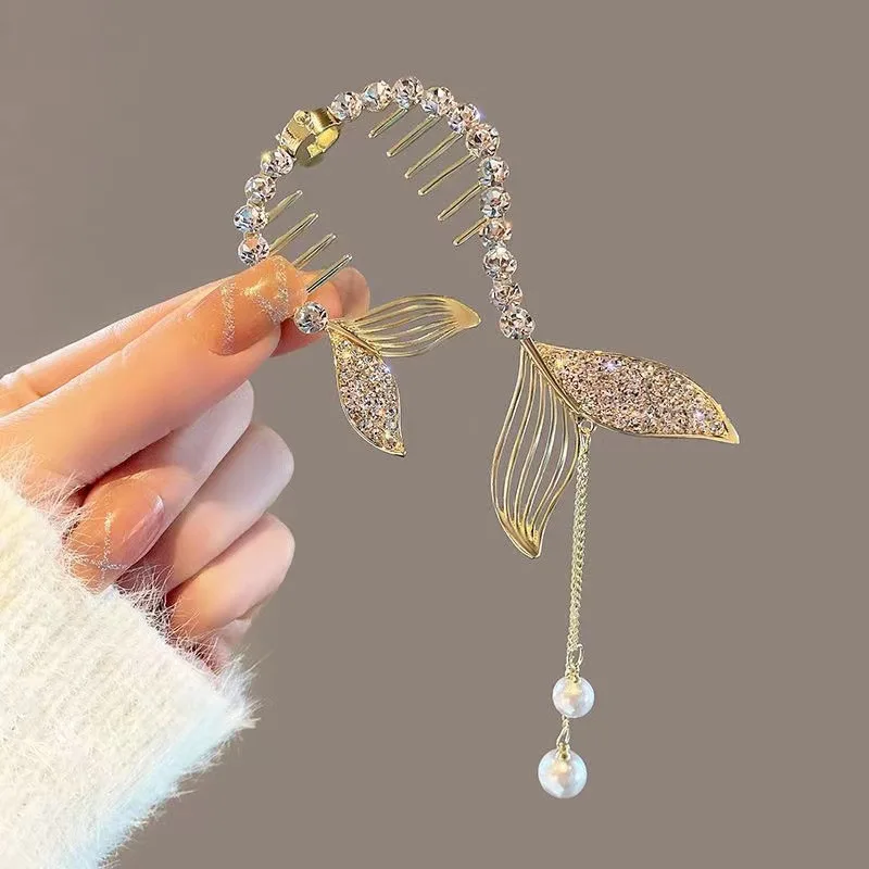 1Pcs Fashion Crystal Fish Tail Pearl Tassel Hair Claws Hairpins For Women Girls Ponytail Holder Headwear Hair Accessories