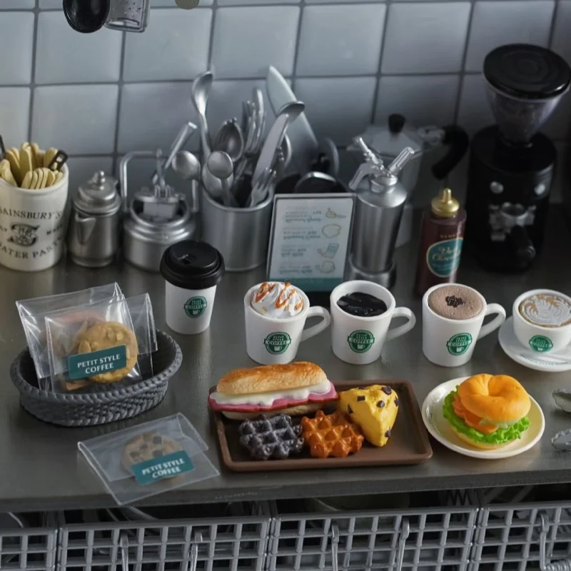 Original re-ment figura estilo pequeno café caixa cega cena em miniatura doces brinquedo talheres ornamento coleção crianças presente