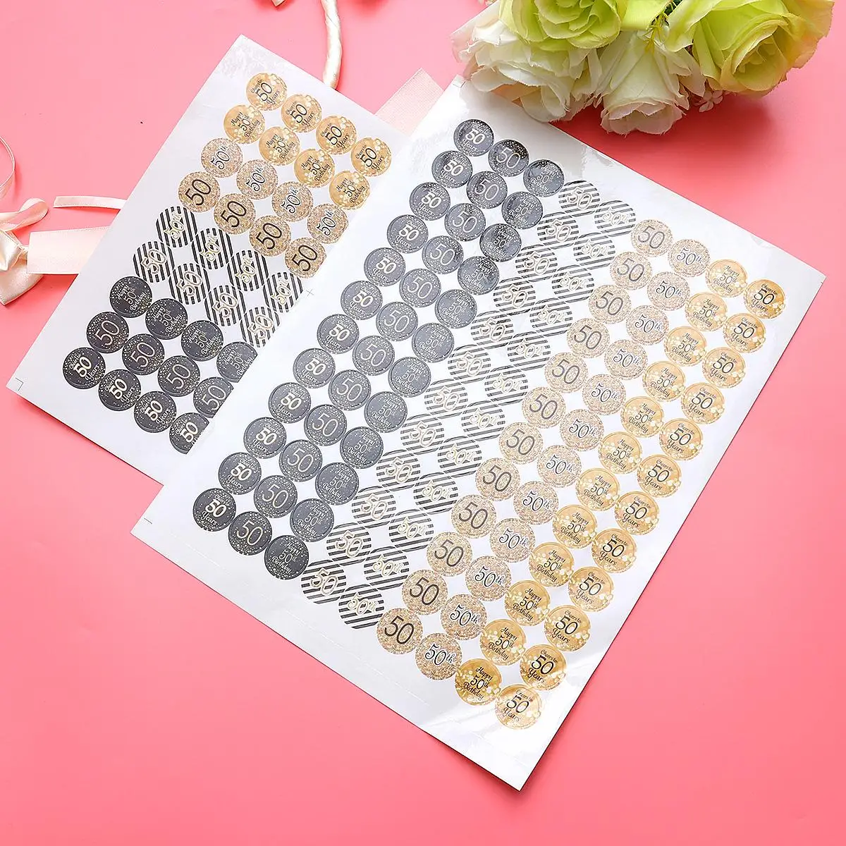 2 แผ่นสติกเกอร์วันเกิดจํานวนตกแต่ง 50th Happy Party Letter ฉลองครบรอบอุปกรณ์โฟลเดอร์ป้าย