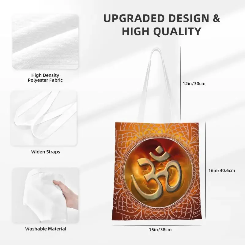 Mandala Om Groceries Shopping Bags Custom Print Canvas Shopper Shoulder Tote Bag Portable Buddhism Aum Yoga Meditation Handbag image 3