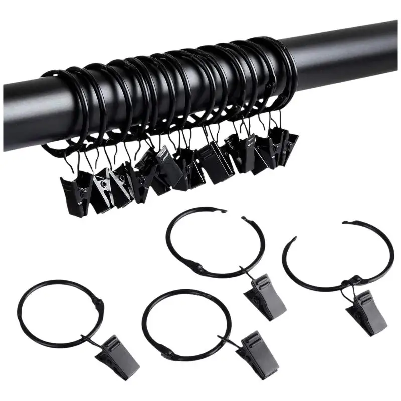 12 Stück Vorhangringe mit Clips, Metall-Vorhanghaken, schwarze Vorhangclips mit Ringen, Vorhangzubehör – Detail 10