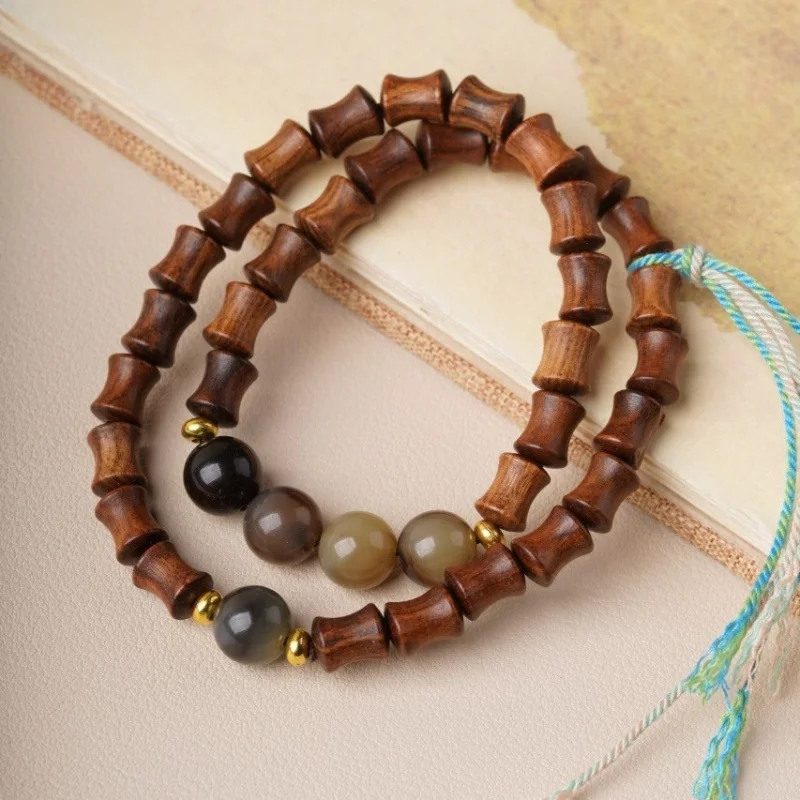 

Black rosewood bamboo knot double-ring bracelet with accessories men women to use for meditation and as Buddhist prayer