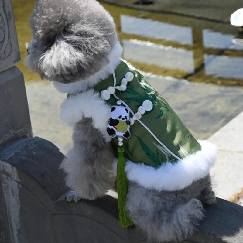 Chinese Style New Year Dog Clothes Bamboo Printed Panda Tassel Pendant Teddy Bichon Frise Pet Tang Suit Cotton Jacket For Winter - view 5